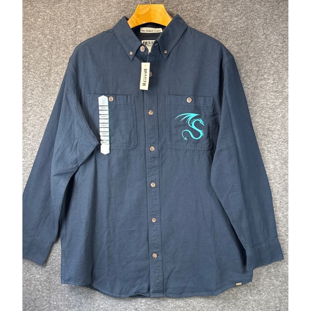 Duluth Flannel Shirt Mens L Navy Dragon Embroidery Free Swingin Standard Fit NEW
